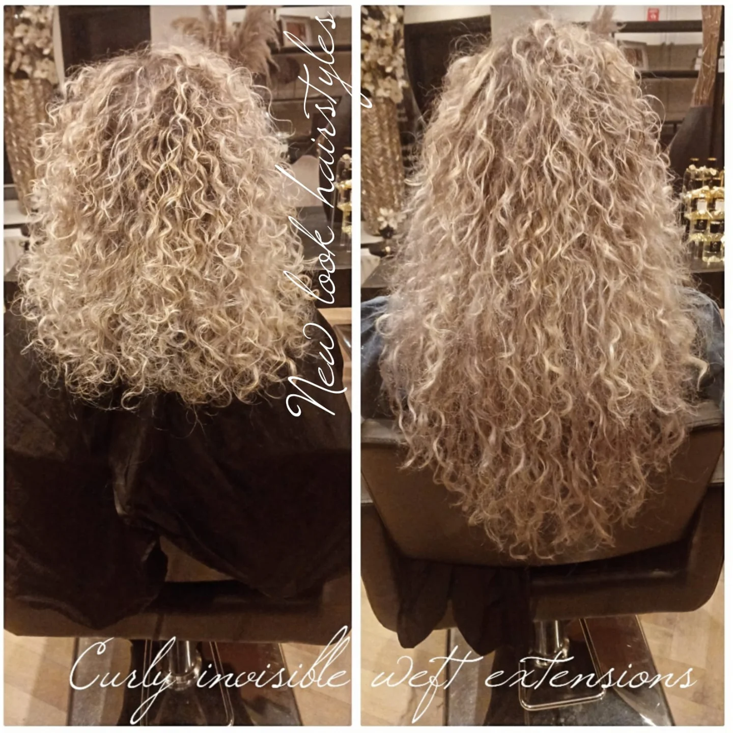 Voor en na: blonde krullen, verlengd met curly invisible weft extensions