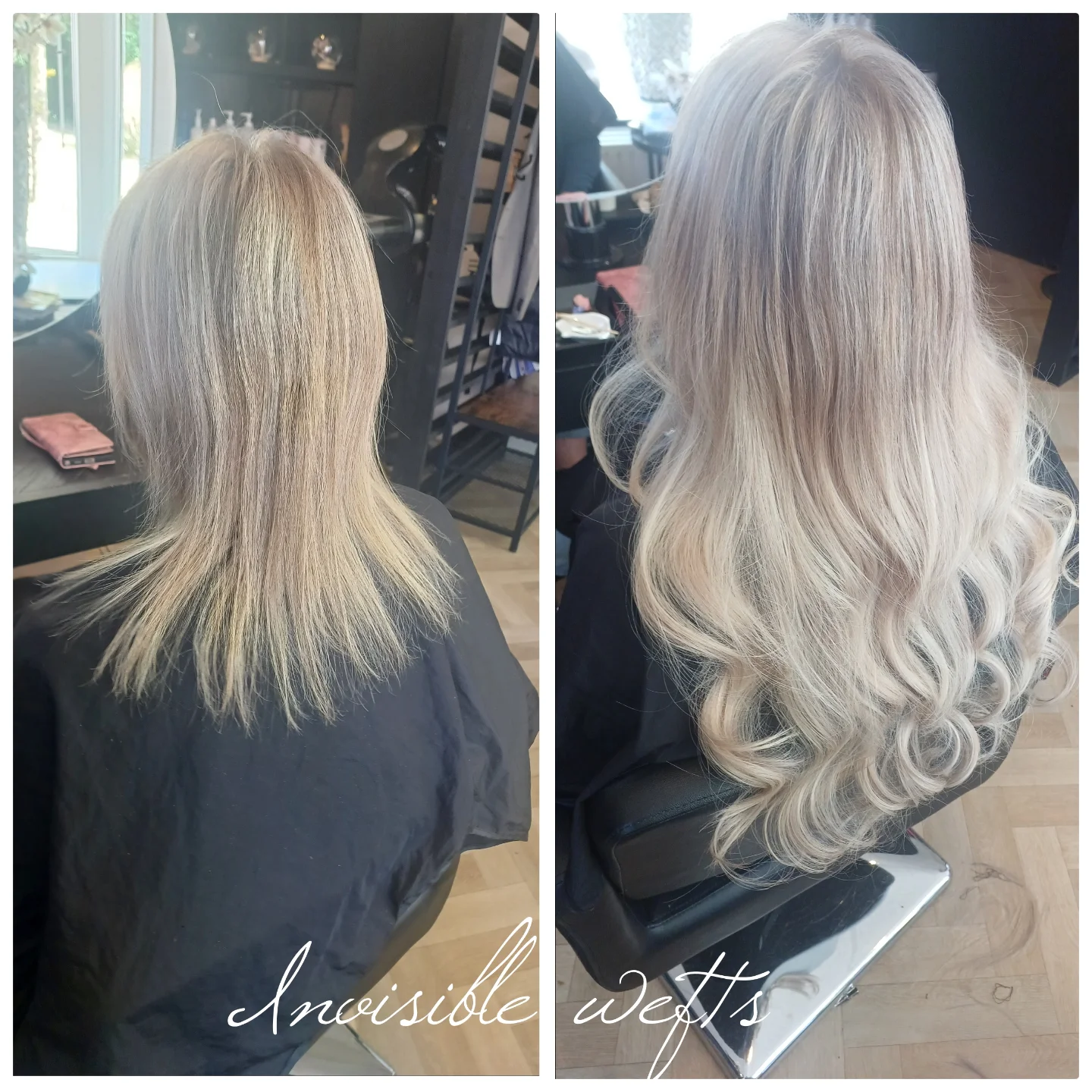Voor en na: asblond haar, verlengd met invisible wefts tot lange golven