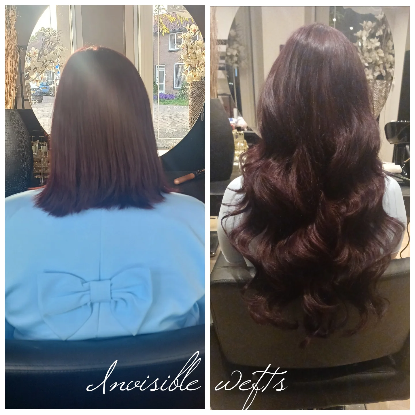 Voor en na: van een korte bob naar lange bordeauxrode golven met invisible wefts
