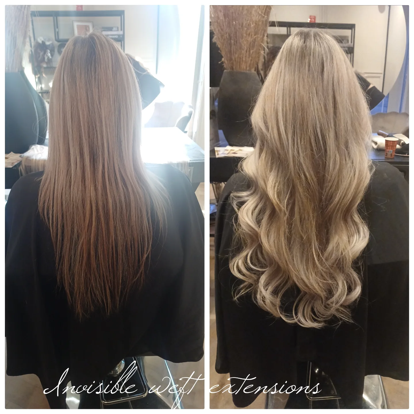 Voor en na: blonde balayage, verlengd met invisible weft extensions