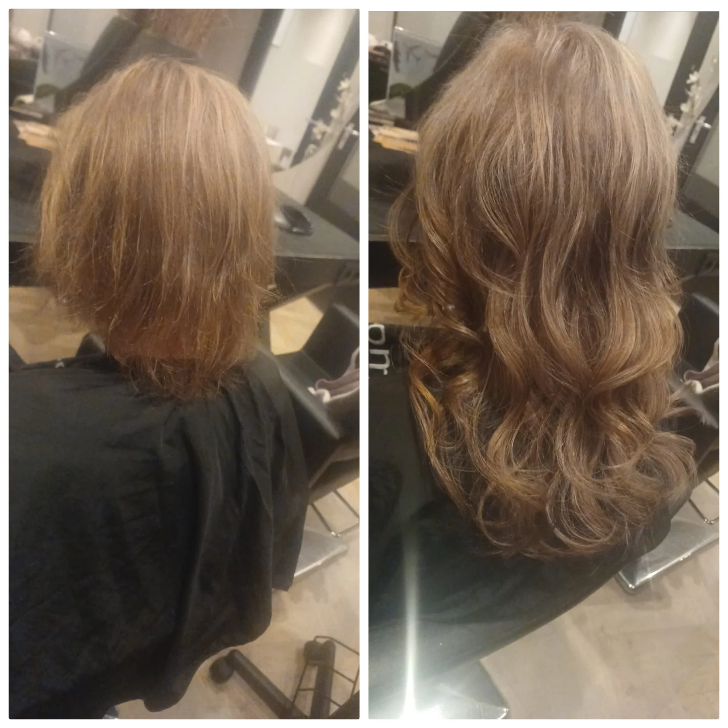 Voor en na: schouderlang haar naar lange karamelkleurige golven